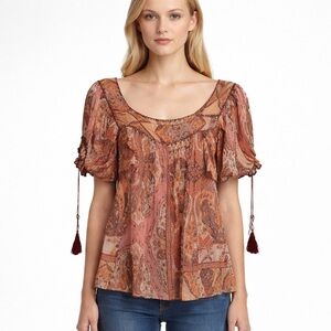 ICE Vintage Silk Print Top Babydoll Boho Print Tassels Y2K 90s Floral Fairy Sz S